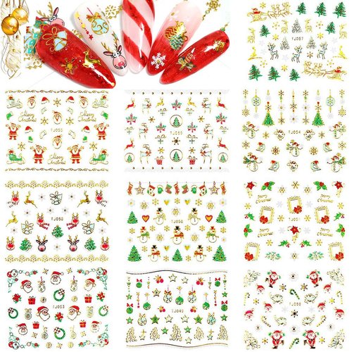 PrettyDiva Christmas Nail Stickers - 10 Packs 3D Metal Gold Xmas Design Self-Adhesive Nail Decals, Bronzing Snowflakes Snowmen Santa Xmas Tree Nail Art Stickers Tips DIY Decoration for Women Kids