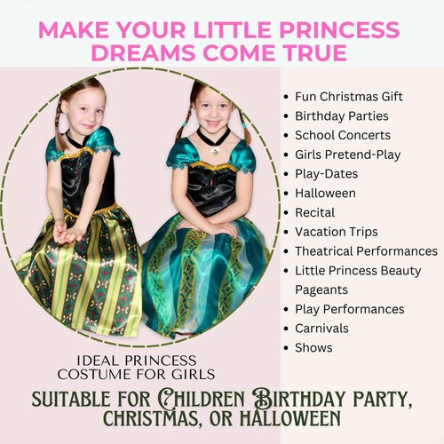 Cokos Box Princess Costumes for Girls Birthday Party Halloween Cosplay Christmas Dress Up Coronation Dress with Necklace Accessories Set, Olive, 5-6 Years