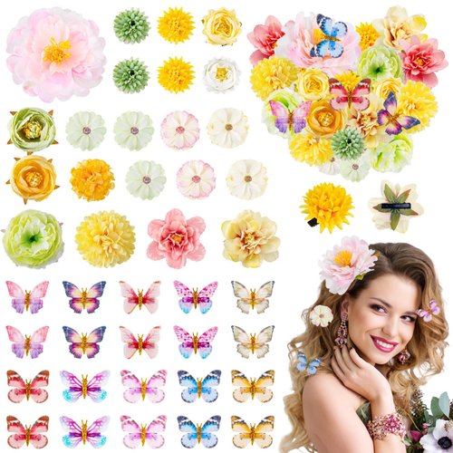 21 Pieces Bohemian Flowers Hair Clips for Women Girls, Flower Hair Clips and 20 Pieces Glitter Butterfly Hair Clips for Women Girls, Flower Hair Accessories for Beach Party Bridal （41 PCS)