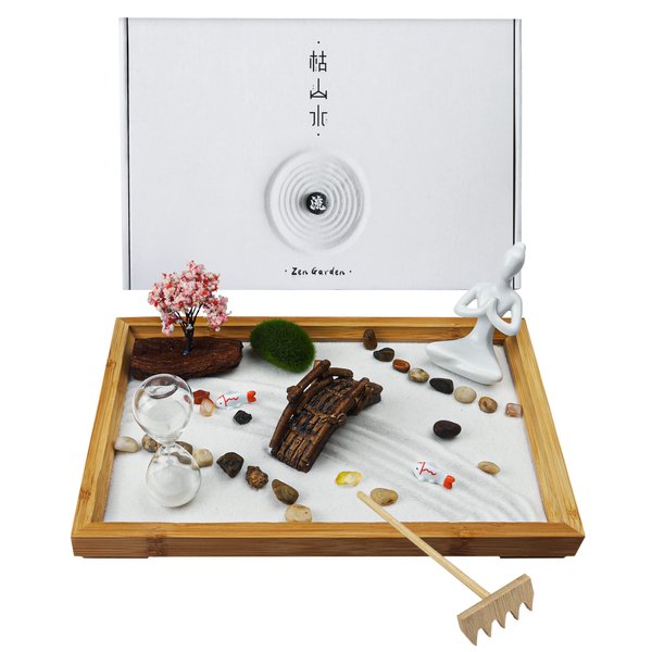 Melonva Japanese Zen Garden for Desk - Life Flows 12" x 8" Desktop Mini Zen Garden with White Sand Artificial Tree Rocks Rakes & Accessories - Meditation Zen Gifts Sand Tray Play Kit Zen Decor