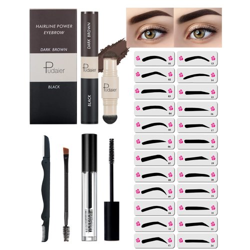 Eyebrow Stamp Stencil Kit-2 Colors One Step Brow Makeup Set with 1 Clear Eyebrow Setting Gel, 24 Brow Stencils, 1 Brush & 1 Razor, Long Lasting Waterproof Brow Makeup for women (Dark Brown & Black)
