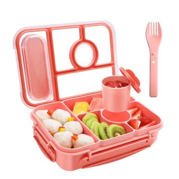 Amathley Bento box lunch box,lunch containers for Adults/Kids/Toddler,5 Compartments bento Lunch box with Sauce Vontainers,Microwave & Dishwasher & Freezer Safe,BPA Free(Pink)