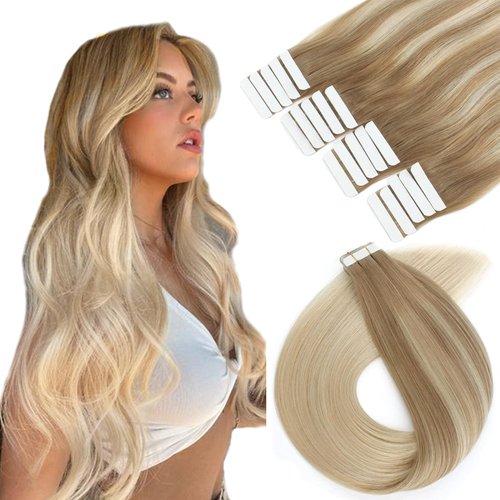 Lovrio 22" 20pcs 50g Tape in Hair Extensions Balayage Color Light Brown Fading to Platinum Blonde, Invisible Seamless Double Side Real Remy Human Hair 20 Pieces