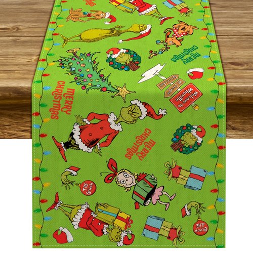 Merry Grinchmas Table Runner Whoville Christmas Xmas Winter Holiday Season Party Kitchen Fireplace Dining Room Home Decor (Green, 13" x 72")