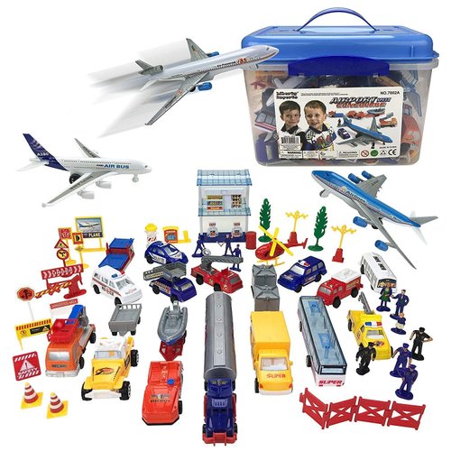 Playee Airport Playset Toy - Airplanes, Vehicles, Police Figures, Workers & Many More Accessories with Storage Bucket - Educational Gift for Kids (57 Piece, Matt Included)