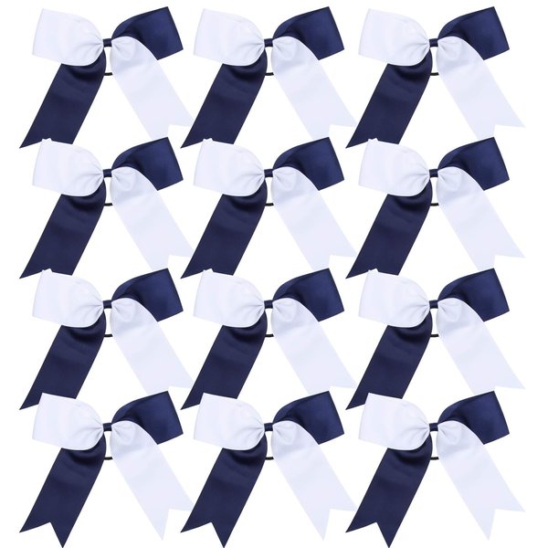 Cheerleading Bow Jumbo Cheer Bows 12 Pcs 7 Inch Ponytail Holder Cheerleader Bows Hair Tie (Navy Blue/White)