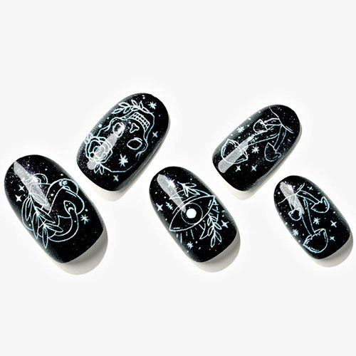 GLAMERMAID Press on Nails Short Squoval, Gothic Glitter Black Glue on Gel Nails with Ghost, 24Pcs Short Square Reusable UV Finish Fake Nails Acrylic False Nails Manicure Kits for Women Gifts