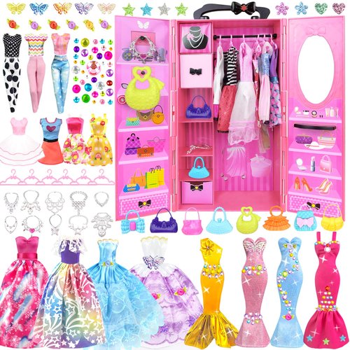 BNUZEIYI 75PCS Doll Clothes and Accessories with Doll Closet for 11.5 Inch Doll - Fashion Design Doll Set Including Wedding Dress Fashion Dresses Outfits Tops and Pants Hangers Bags for Girls