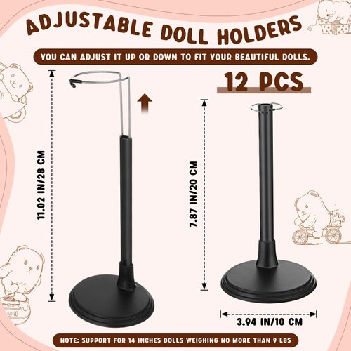 Yaocom 12 Pcs Doll Stands for 8 to 14 Inches Adjustable Dolls Figure Stand Display with Expandable Waist Wire Action Doll Stands Display Rack for Home Shop Birthday Party Favor(Black)