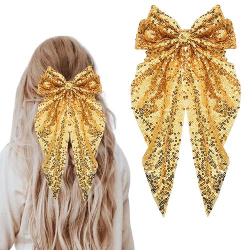Gold Hair Bow Clips Barrettes Big Sequin Cheer Hair Bows with Long Tail Bowknot Hair Clips Ponytail Holders for Women Girls Ball Cheerleader Hair Accessories for Ball Party