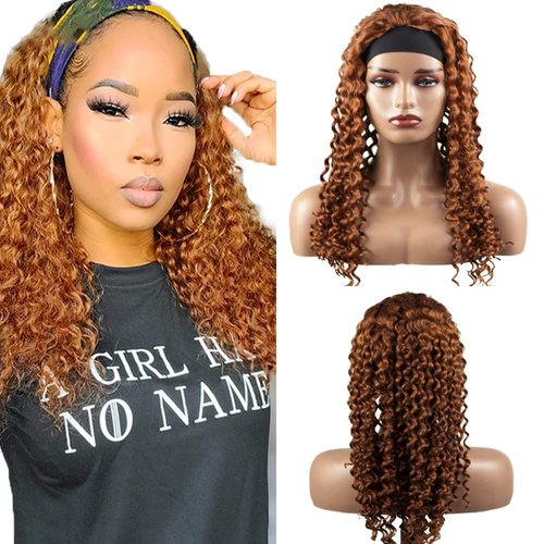 MavKuvx 14 Inch #30 Brown Curly Wigs Headbands Human Hair 150% Density Wave Half Wig Glueless Wig Grade 8A Unprocessed Virgin Hair Wigs for Black Women