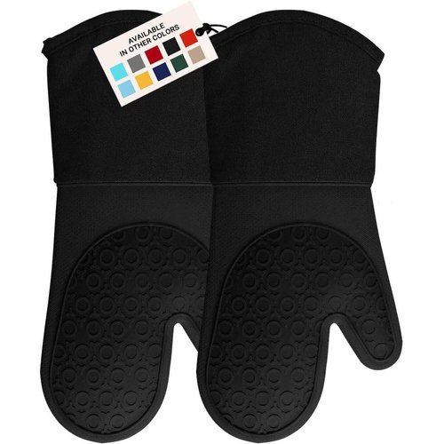 HOMWE Extra Long Professional Silicone Oven Mitt, Oven Mitts with Quilted Liner, Heat Resistant Pot Holders, Flexible Oven Gloves, 1 Pair (Black, 13.7 inch)