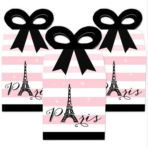 Big Dot of Happiness Paris, Ooh La La - Square Favor Gift Boxes - Paris Themed Baby Shower or Birthday Party Bow Boxes - Set of 12