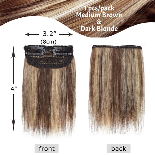 S-noilite Clip in Hair Extensions for Short Hair 100% Real Human Hair 1PCS 2 Clips Balayage Clip in Hairpieces For Women with Thinning Hair Add Hair Volume 8g 4Inch-Medium Brown/Dark Blonde