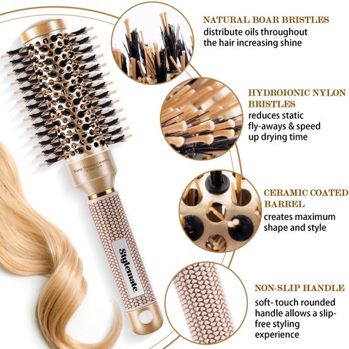 Round Brush for Blow Out, Nano Thermal Ceramic & Ionic Tech Round Barrel Hair Brush with Boar Bristles, Roller Brush for Blow Drying and Styling, 4 Free Clips (2.4 Inch, Barrel 1.3 inch, 32mm)