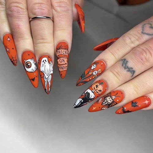Halloween Press on Nails Medium Orange Halloween Fake Nails Full Cover Ghost Bat Pumpkin Eye Spider Web Halloween Glue on Nails Halloween Medium Almond Nails for Women Halloween Nail Decorations