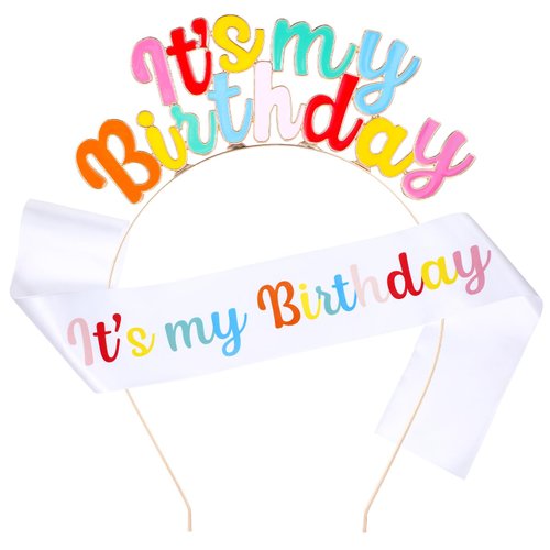 Yuanchu Birthday Sash Birthday Crown for Women Girl, Rainbow Birthday Girl Headband Rose Gold Birthday Tiara and Crown With Sash Princess Headband Sweet Happy Birthday Decorations Birthday