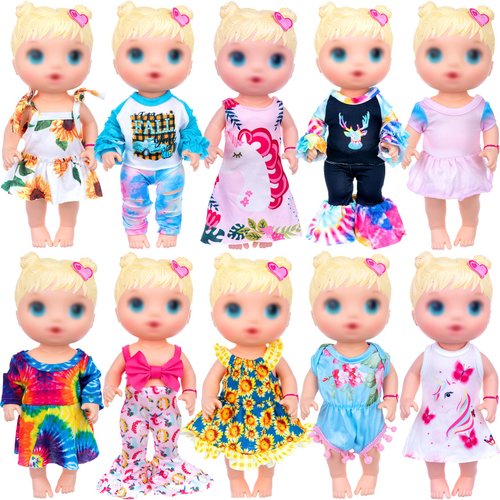 ECORELF 10Pcs Alive Doll Baby Doll Clothes and Accessories - Including Dresses,T-Shirts,Pants,Jumpsuit,Bell-Bottomed Pants for Kids Girls Gift 12 Inch Doll Random Style