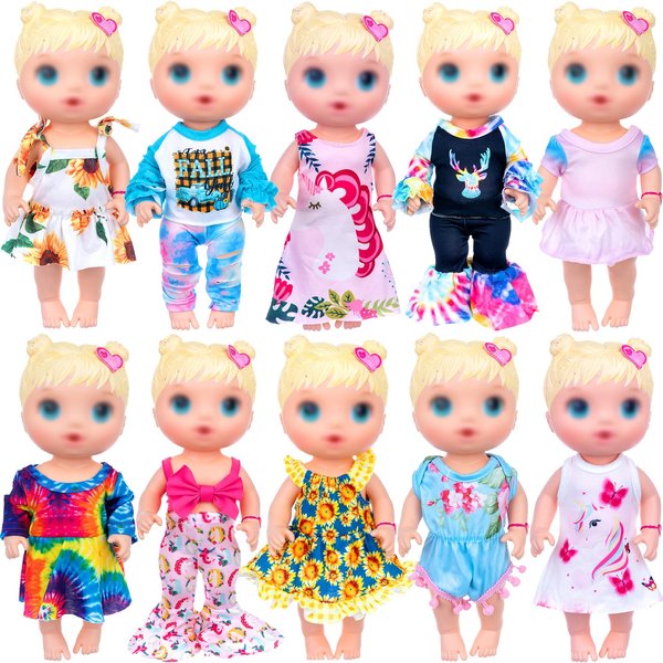 ECORELF 10Pcs Alive Doll Baby Doll Clothes and Accessories - Including Dresses,T-Shirts,Pants,Jumpsuit,Bell-Bottomed Pants for Kids Girls Gift 12 Inch Doll Random Style