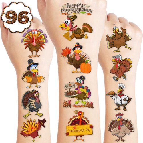 100PCS Turkey Thanksgiving Temporary Tattoos Stickers Happy Fall Autumn Theme Birthday Party Decorations Décor Supplies Favors Orange Pumpkin Tattoo Gifts For Boys Girls School Prizes Carnival Holiday