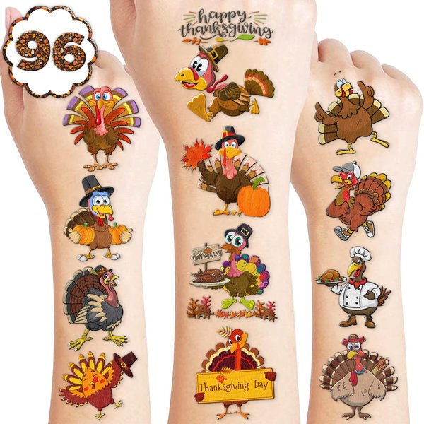 100PCS Turkey Thanksgiving Temporary Tattoos Stickers Happy Fall Autumn Theme Birthday Party Decorations Décor Supplies Favors Orange Pumpkin Tattoo Gifts For Boys Girls School Prizes Carnival Holiday