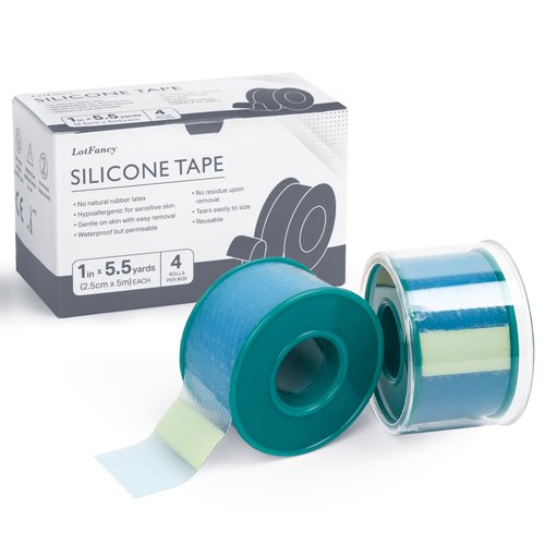 LotFancy Medical Soft Silicone Tape, 4Rolls 1inch x 5.5Yards, Adhesive Water-Proof Surgical Tape with Perforation for Easy Tear, Surgery First Aid Tape for Wound, Bandage
