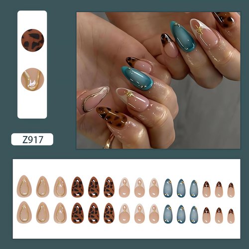 Almond Press on Nails Medium Leopard False Nails Fall French Tip Fake Nails with Stars Design Gold Blue Artificial Nails Noble 3D Full Cover Acrylic Glue on Nails Almond Ombre Stick on Nails for Women