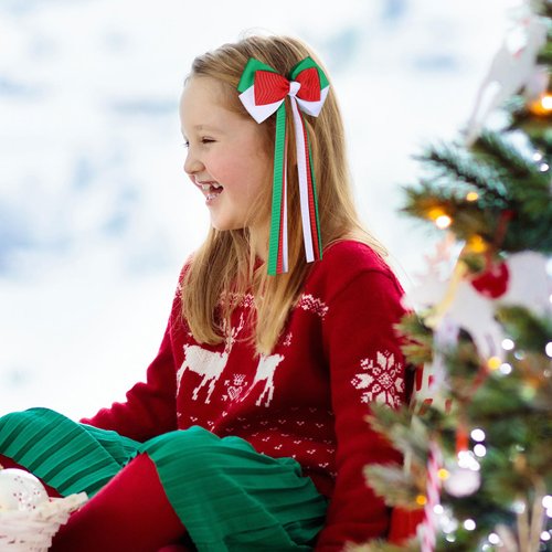 Christmas Bow Hair Clips with Long Tails, Handmade Grosgrain Ribbon Hair Bows for Kids Girls Women, Tassel Holiday Hair Accessories for Christmas Party