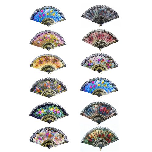 QISEQIRO Spanish Folding Hand Fan,Handheld Fans Summer Vintage Dancing Party Hand Fans for Girls Women (12 PCS, Random Pattern)