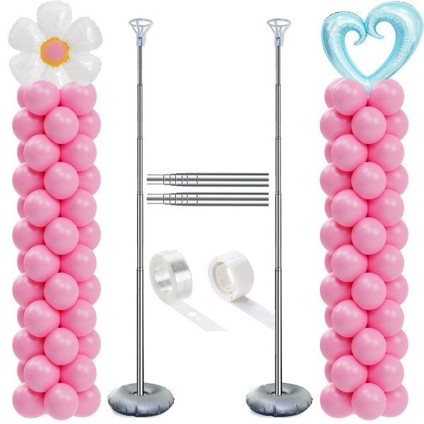 DECOJOY Balloon Column Stand Set of 2, Adjustable 7 Feet Balloon Arch Stands with Bases for Floor, Tall Balloon Tower Pillar Assembly Kit for Halloween, Birthday, Party Decorations
