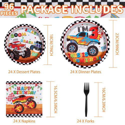 96 Pcs Monster Truck 3rd Birthday Party Supplies 350 GSM Monster Truck Plates and Napkins Checkered Tableware Set Monster Birthday Decorations for 3rd Kids Boys Monster Truck Theme Party Serves 24