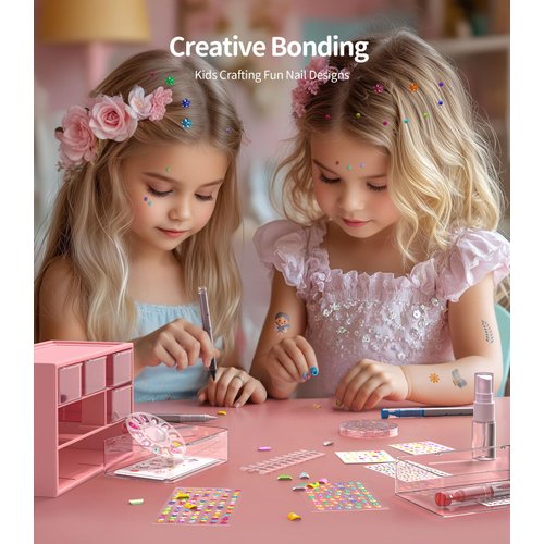 Nail Art Pens Set For Grils, Diy Kids Nail Art Kits With 3D Press-On Nail, Clear Fake Nail Tips, DIY Sticker, Nail Pen for Toddler Home & Salon Toys Gifts,Plastic Organizer