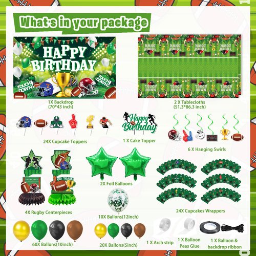 LXlucktim Football Birthday Party Decorations, 189 Pcs Football Themed Party Supplies for Boys Baby - Backdrop, Toppers, Balloons, Cupcakes Wrappers, Hanging Swirls, Tablecloth, Centerpieces