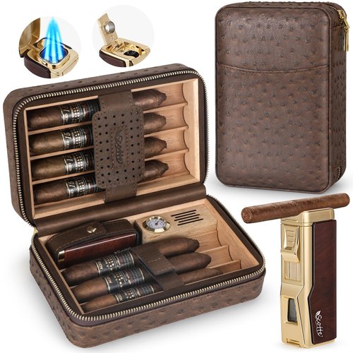Scotte Cigar Humidor Box, Cigar Lighter Cedar Wood Lined Leather Cigar Case Built in Hygrometer & Humidifier, Torch Lighter with Cigar Holder Cigar Punch Portable Travel Cigar Humidor Kit(No Butane)