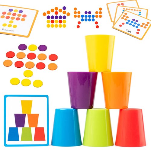 6PCS Stacking Cups Game, Color Sorting Toys with 60PCS Wooden Coins Color Matching Game Montessori Toys for 3 4 5 Years Old Birthday for Boys Girls Kids (50PCS Cards Included)