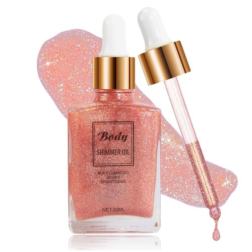 Body Shimmer Oil Moisturizing Body Glitter Dewy Highlighter Makeup Body Luminizer Drops Pearl Gold Illuminator Oil Body Shimmer Liquid Face Glow Sparkles for Women (#3 Rose Gold, 30ML)