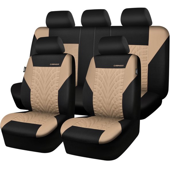 CAR PASS Car Seat Covers Full Set, Front & Split Rear Bench for Car, 3D Tyre Print Automotive Interior Covers, Airbag Compatible, Quick Setup Universal Fit Seat Covers for Car, Truck, SUV(Black Beige)