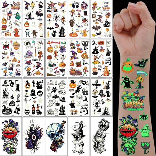 Halloween Party Favors, 30 Sheets Luminous Halloween Temporary Tattoos for Kids, Glow In The Dark Tattoos Stickers for Boys Girls Birthday Decorations Gifts, Halloween Goodie Bags Stuffers Supplies