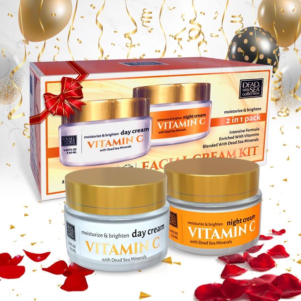 Dead Sea Collection Day and Night Cream Kit Gift Box with Vitamin C - Flawless Dead Sea Minerals - Nourishing, Moisturizing, Hydrating, and Smoothing Face Cream (3.38 fl. oz)