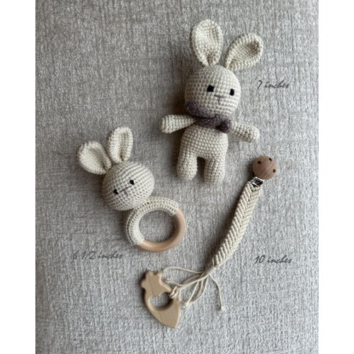 Generic Organic Cotton Handmade Crotchet Bunny Rattle, Toy, teether and Pacifier Holder Baby Shower/Birthday Gift Set., beige