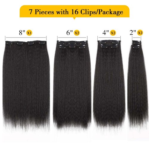 FANCEE Kinky Straight Clip in Hair Extensions for Black Women Full Head Yaki Straight Clip Ins Synthetic Hair Extensions (18 inch, Black)