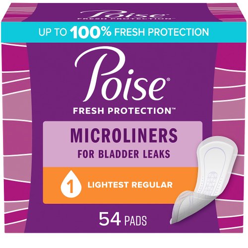 Poise Daily Microliners, Incontinence Panty Liners, 1 Drop Lightest Absorbency, Regular, 54 Count of Pantiliners, Packaging May Vary