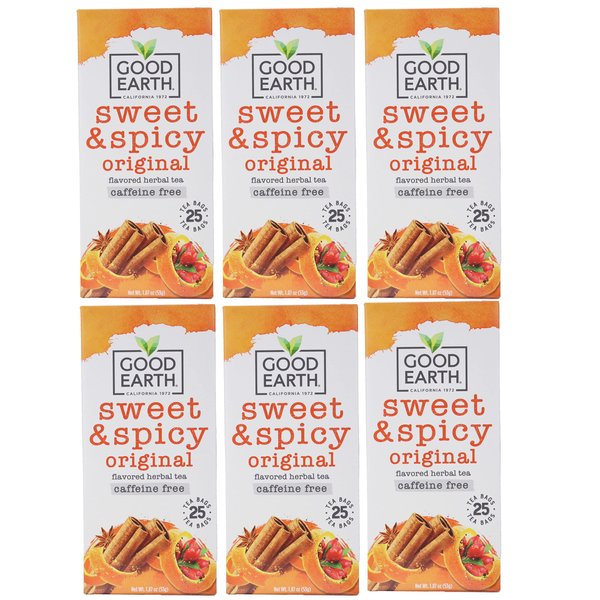 Good Earth Sweet and Spicy All-Natural Caffeine-Free Herbal Tea, Pack of 6 w/ 25 Tea Bags per Box
