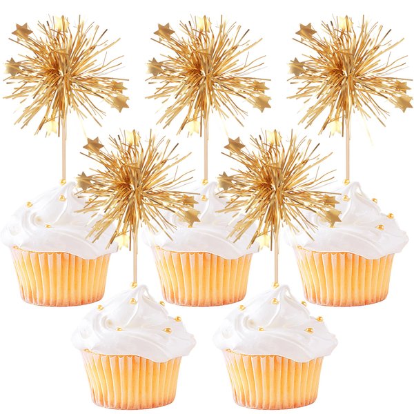 30 PCS Foil Firework Cupcake Toppers Happy Birthday Cake Toppers Star Sparkle Tinsel Flower Drink Stirrers Cocktail Fruit Toothpicks for Valentine's Day Baby Shower Birthday Party Supplies Gold
