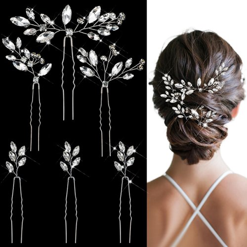 6pcs Bride Wedding Hair Pins, Rhinestone Bridal Hair Accessories for Women, Silver Flower Pearl Hair Clips, Crystal Hairpiece for Bridesmaids Flower Girls Prom Party(Silver)