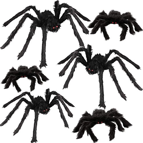 6 Halloween Spider Decorations, Realistic Hairy Spiders Set, Giant Scary Spider Props for Yard, Indoor and Outdoor Creepy Decor, Home Party Decorations (36” 30” 24” 18” 18” 12”)