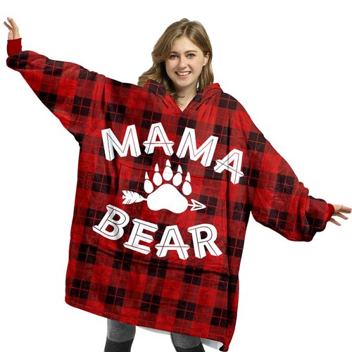 Fastpeace Mama Bear Wearable Blanket Hoodie, Buffalo Plaid Mama Bear Hooded Blanket for Mom, Christmas Gifts for Mama, Christmas Gifts for Mom, Wife From Daughter, Son, Husband, Birthday Gifts for Mom