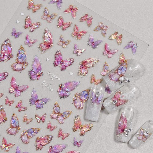Butterfly Nail Art Stickers Decals Pink Butterfly 5D Embossed Nail Decals Shell Light Butterfly Nail Designs Adhesive Sticker Manicure Accessories for Women Girls DIY Nail Art Decorations Supplies
