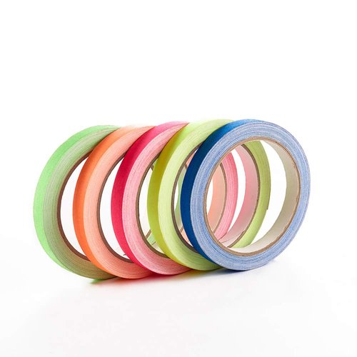 Spike Tape Sets 1/2 inch x 36 ft Each,5 Bright Colors, Neon Fluorescent Gaffer Tape,Gaff Tape,Dry Erase Tape for Hula Hoops,Theater Stage Floors Pinstripe Marking Tape.