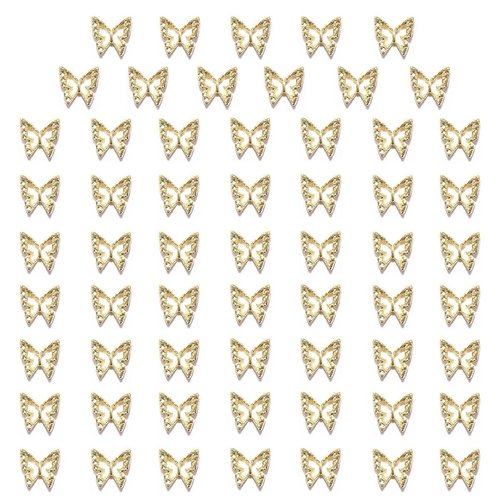 qiipii 60pcs Golden Butterfly Nail Charms Bulk 3D Butterflies Charms for Acrylic Nails, Nail Alloy Studs Charms Nail Art Jewels Decor Supplies Accessories Supply for Nails Face Makeup Body DIY Crafts